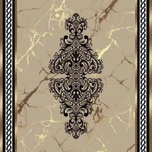 A high-resolution digital carpet design featuring a beige marble background with gold veins, a central black ornate damask medallion, and a braided frame border, ideal for custom carpet printing and interior decoration.