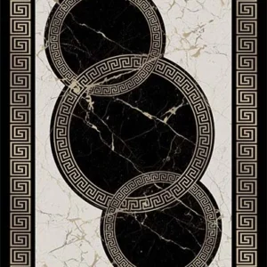High-density repeated "G" letter printed carpet pattern in bold black on bright orange background, dense geometric floor covering for commercial corridors and retail spaces.