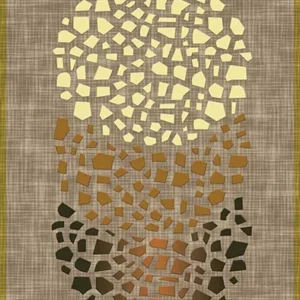 Top-down view of a digital abstract mosaic rug design featuring cream, tan, and dark brown geometric fragments on a beige woven linen background pattern.