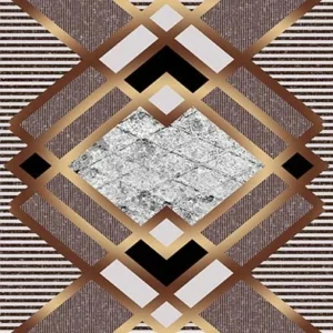 *Top-down view of an Art Deco geometric carpet print featuring a central white marble diamond, surrounded by gold geometric frames, black diamonds, and horizontal beige stripes on a textured background.*