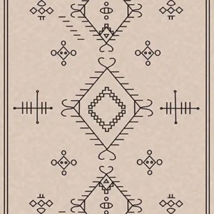 Top-down illustration of a tribal geometric rug design on a beige background featuring black line-art diamonds, small symbols, a central stitched diamond pattern, and dotted borders.