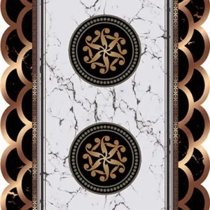 Top-down view of a luxury carpet print featuring a white marble center, two black circular medallions with gold star patterns, and a prominent black and bronze scalloped border.