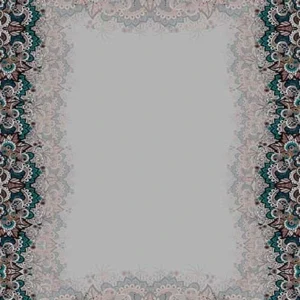 Top-down view of a digital rug print featuring a dense, intricate floral mandala border in teal, pink, and brown, surrounding a solid light-grey center space.
