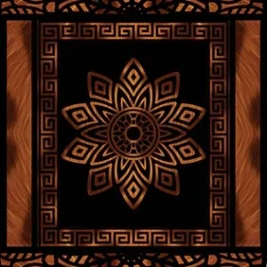 High-resolution oval black and copper floral mandala rug pattern with Greek key border and ornate side panels, ideal for luxury custom carpet printing and interior design.