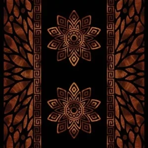 High-resolution vertical black and copper double mandala rug pattern with Greek key border and leaf side panels, designed for custom hallway runner carpet printing.