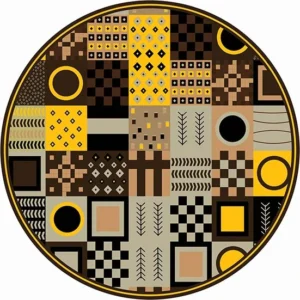 High-resolution round geometric patchwork rug pattern with mustard yellow, black, and beige mosaic tiles, designed for modern custom carpet digital printing.