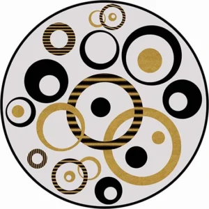 High-resolution round abstract circle rug design in black, textured gold, and cream colors, optimized for modern minimalist custom carpet digital printing.