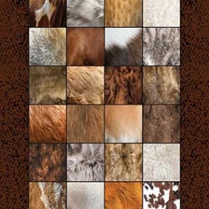 High-resolution rectangular faux fur and animal hide patchwork rug design with warm brown and beige grid, optimized for commercial digital printing on custom area carpets.