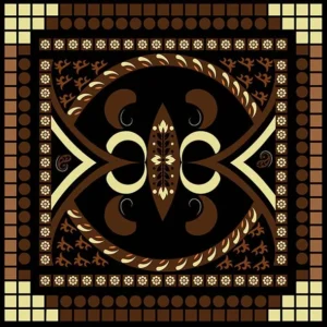 High-resolution square symmetrical floral and scrollwork rug design in black, brown, and cream, with an ornate border and mosaic tile edge, optimized for luxury custom carpet digital printing.