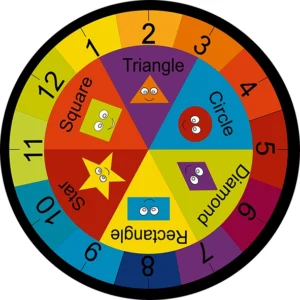 High-resolution colorful educational round rug for kids featuring numbers 1 to 12 and cartoon geometric shapes, designed for digital printing in nurseries, classrooms, and playrooms.