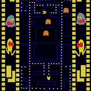 High-resolution rectangular Pac-Man arcade maze rug design with colorful ghosts and yellow pellets, optimized for custom digital printing on retro gaming room carpets.