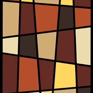 Modern geometric mosaic carpet rug pattern with warm terracotta, mustard yellow, beige, and brown blocks separated by black lines, perfect for digital textile printing.
