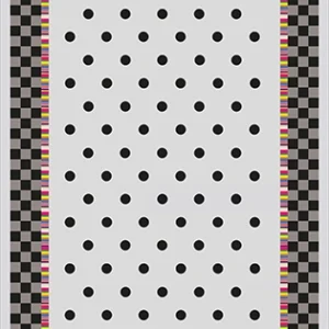 Digital carpet printing pattern featuring black polka dots on a light grey background with a black and grey checkered border and colorful neon inner stripes.