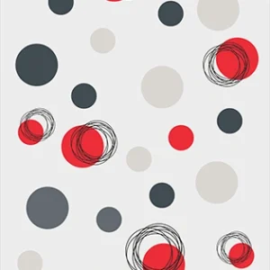 Modern digital rug printing pattern featuring abstract red, beige, and charcoal grey dots with black scribbled circle outlines on a light grey background.