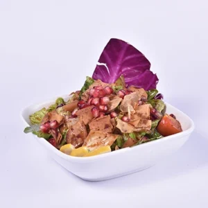 Fresh gourmet chicken salad bowl with red cabbage, cherry tomatoes, and juicy pomegranate seeds, shot from a high angle on a clean white background.
