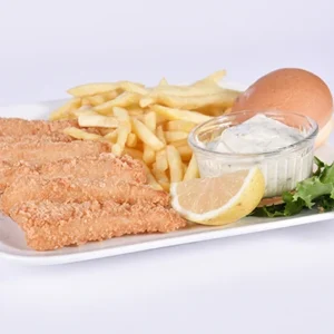 Crispy fried chicken strips with golden french fries, a burger bun, creamy tartar sauce dip, lemon wedge, and fresh lettuce on a white rectangular plate.