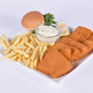 Large crispy breaded chicken fillets with golden french fries, a small bun, a bowl of white tartar sauce, lemon wedge, and fresh green lettuce on a white plate.
