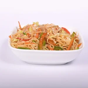 A white bowl filled with stir-fried vegetable noodles, carrots, bell peppers, and cabbage on a white background.