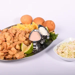 A white bowl filled with golden fried potato-wrapped shrimp, styled as a crispy appetizer on a white background.