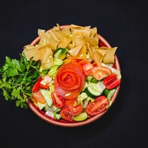 A vibrant bowl of Fattoush salad featuring fresh lettuce, tomatoes, cucumbers, radishes, and golden crispy pita chips, topped with a garnish of fresh parsley, set against a dark background.