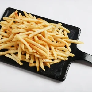 A large portion of crispy golden French fries arranged neatly on a black rectangular serving board with a handle, displayed against a clean white background.