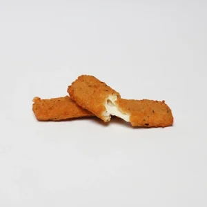 A close-up shot of two golden crispy mozzarella sticks on a white background. One stick is snapped in half, showing a warm, stretchy, and gooey melted white cheese extending from the center.