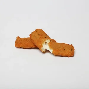 A close-up of two golden crispy mozzarella sticks resting on a white background. One stick is broken in half, showing a gooey stretch of melted white cheese pulling out from the center.