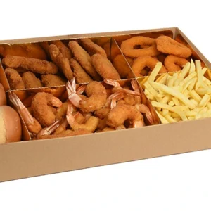 An open brown cardboard box divided into compartments, filled with soft buns, crispy fried shrimp, golden fish fillets, onion rings, and a large pile of french fries.