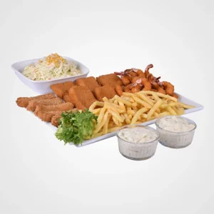 A large white rectangular platter filled with crispy golden fish fillets on the left and fried shrimp on the right, a mound of french fries in the center, fresh lettuce, a bowl of creamy coleslaw at the back, and two small bowls of dipping sauce in the front.