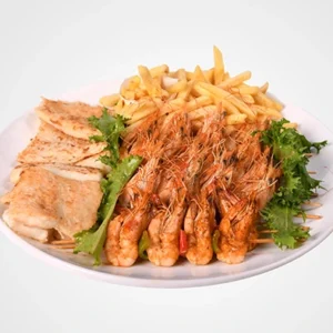 A large white platter filled with a big pile of seasoned whole shrimp (head-on) in the center, golden French fries at the top, soft flatbread slices on the left, and fresh green arugula leaves.