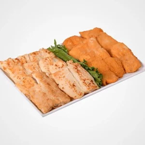 A white rectangular platter filled with grilled fish fillets on the left, golden crispy breaded fish fillets on the right, and fresh green lettuce leaves underneath.