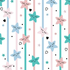 Seamless pattern for kids featuring cute sleeping stars with closed eyes, small hearts, and vertical stripes in pastel pink, blue, and teal colors on a white background.