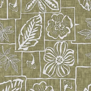 Seamless pattern with white hand-drawn floral and leaf line art on an olive green linen texture background, perfect for rustic and boho textile and wallpaper designs.