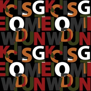 Seamless pattern of large, overlapping bold letters in retro mustard, olive green, burgundy, white, and grey on a black background, perfect for urban streetwear and graphic design.
