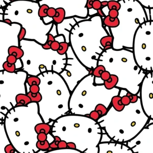 Seamless pattern of stylized prickly pear cactus pads with bold black outlines, red flowers, and yellow fruits on a white background, perfect for modern botanical graphics.