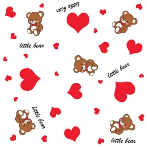 Seamless pattern of cute brown teddy bears with red bows and scattered red hearts with the text "little bear" on a white background, perfect for Valentine's Day and baby designs.