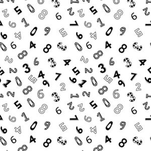 Seamless pattern of hand-drawn doodle numbers from 0 to 9 in black and white, featuring solid, outlined, and textured styles, perfect for educational and kids' designs.