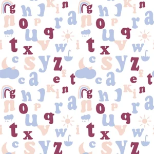 Seamless pattern featuring lowercase alphabet letters and cute weather icons like rainbows, clouds, suns, and umbrellas in pastel pink, blue, and plum colors on a white background for kids' designs.