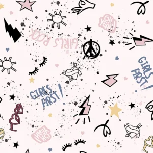 Seamless pattern of grunge doodles including lightning bolts, peace signs, hearts, and stars with empowering text "Girls First" and "Girls Power" on a pink background, perfect for teen fashion and stickers.