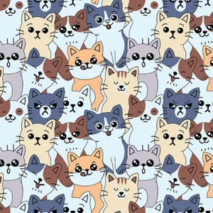Seamless pattern of cute kawaii cat faces in grey, orange, brown, and blue colors with expressive eyes and whiskers on a light blue background, perfect for kids and pet-lover designs.