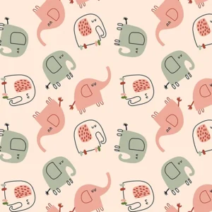 Seamless pattern of cute hand-drawn elephants in sage green, blush pink, and white on a cream background, perfect for boho nursery decorations and baby textiles.