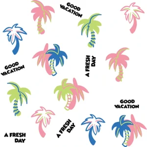 Seamless pattern of colorful stylized palm trees in pink, blue, and lime green with bold summer quotes "Good Vacation" and "A Fresh Day" on a white background, perfect for tropical summer designs.