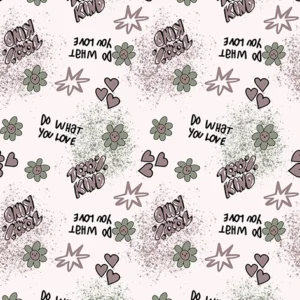 Seamless pattern of hand-drawn flowers, hearts, and stars with inspirational quotes "Do What You Love" and "Keep Kind" in sage green and mauve on a cream background, perfect for wellness designs.
