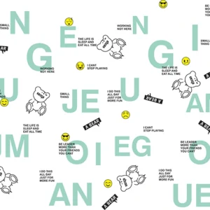 Seamless pattern of mint green typography, cute doodle bears, smiley faces, and funny quotes about sleeping and playing, perfect for trendy streetwear and casual designs.