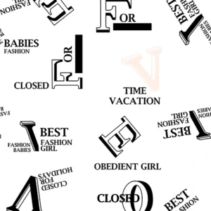 Seamless pattern of bold serif letters and fashion phrases like "Best Fashion Girl" and "Time Vacation" in black and white, ideal for luxury branding and editorial designs.