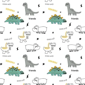 Seamless pattern of cute hand-drawn dinosaurs in pastel green and yellow with stars, lightning bolts, and the word "Friends" on a white background, perfect for nursery and kids' designs.