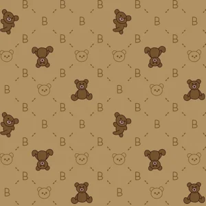 Seamless pattern of classic brown teddy bears, cute bear faces, and the letter B on a warm beige background with dashed lines, perfect for baby boy nursery decor and baby textiles.