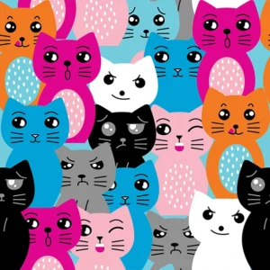 Seamless pattern of colorful cartoon cat faces in pink, blue, orange, black, and white with various expressions on a light blue background, perfect for playful pop-art designs and kids' fashion.