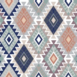 Seamless pattern of geometric Aztec and Kilim inspired design with zigzag chevrons and diamonds in muted pastel navy, sage green, peach, and grey colors, perfect for boho home décor and textiles.