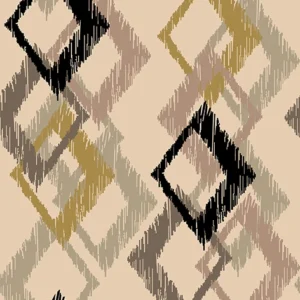 Seamless pattern of abstract Ikat diamond motifs with feathered edges in mustard gold, black, beige, and taupe colors, perfect for boho home décor and woven textiles.